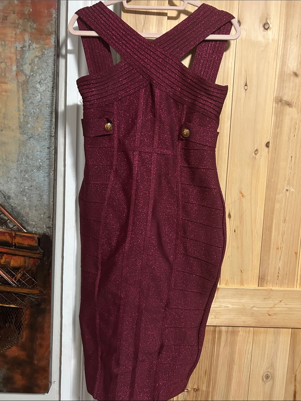 Sparkle Cross-Back Midi Dress in Burgundy